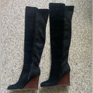 Vince Camuto Women's Granta Black Suede Leather Over The Knee Wedge Boots 6.5M